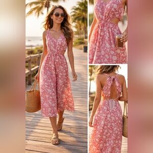 J.Crew Re-Imagined Pink Floral Cutout Midi Dress Open Back Resortwear Size 12